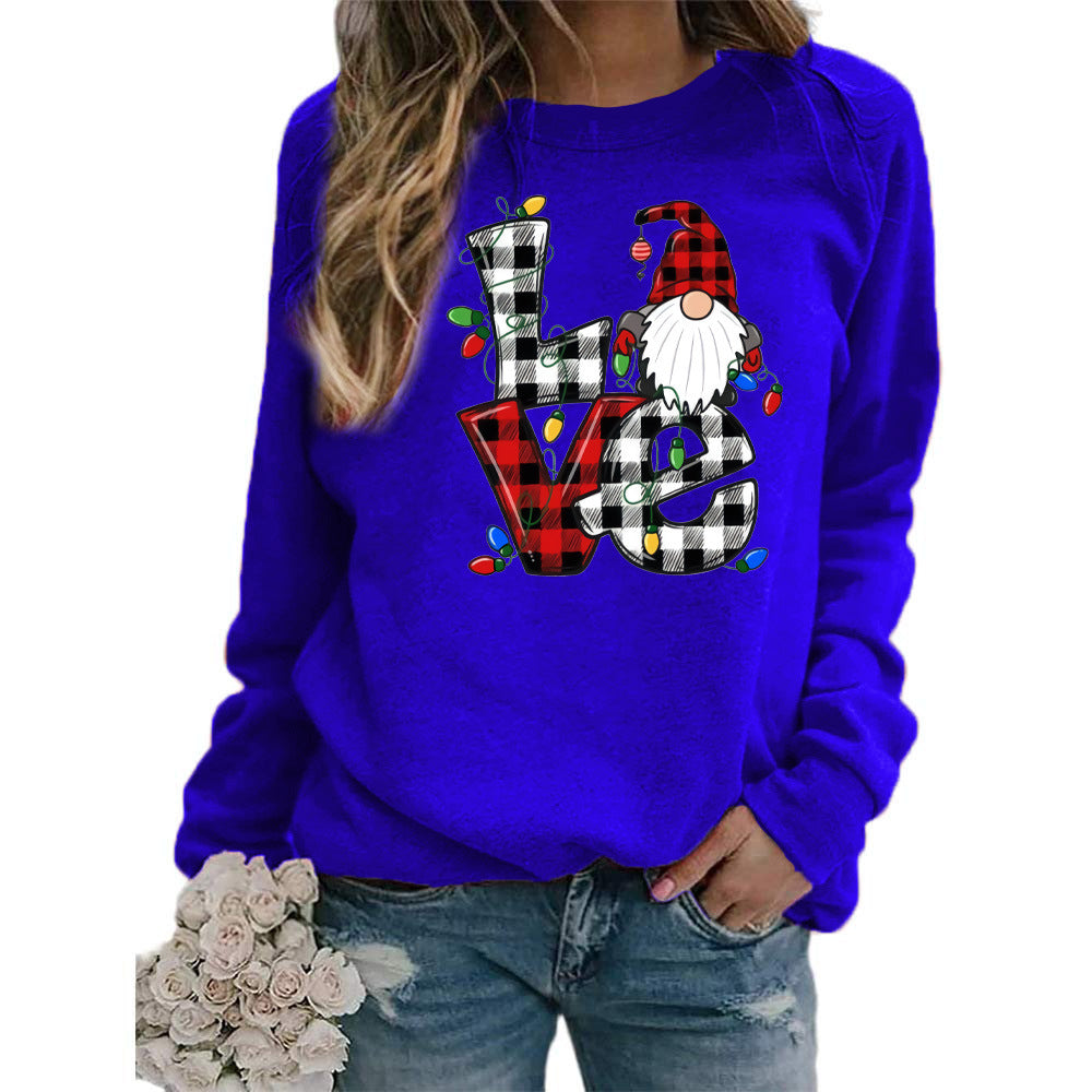 European And American Santa Claus Plaid Love Printed Round Neck Long Sleeve Sweater Coat Ladies