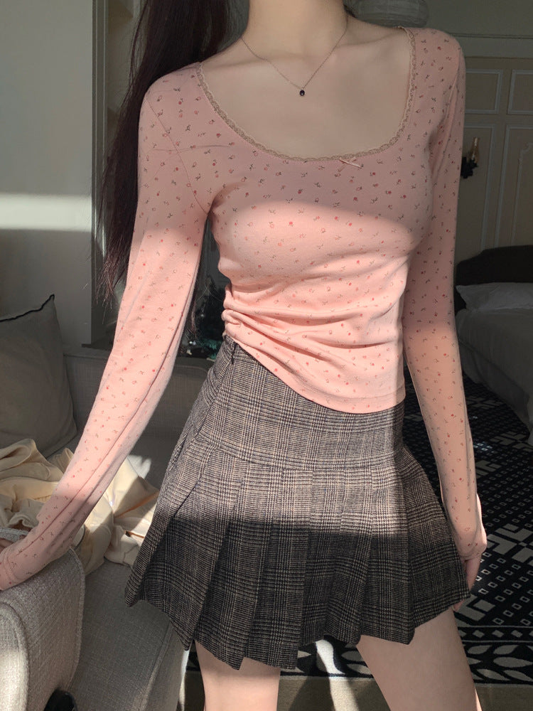 Floral Lace Long Sleeve Slim Crop Top