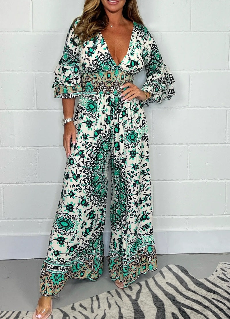 V-neck Printed Jumpsuit Plus Size Casual Jumpsuit