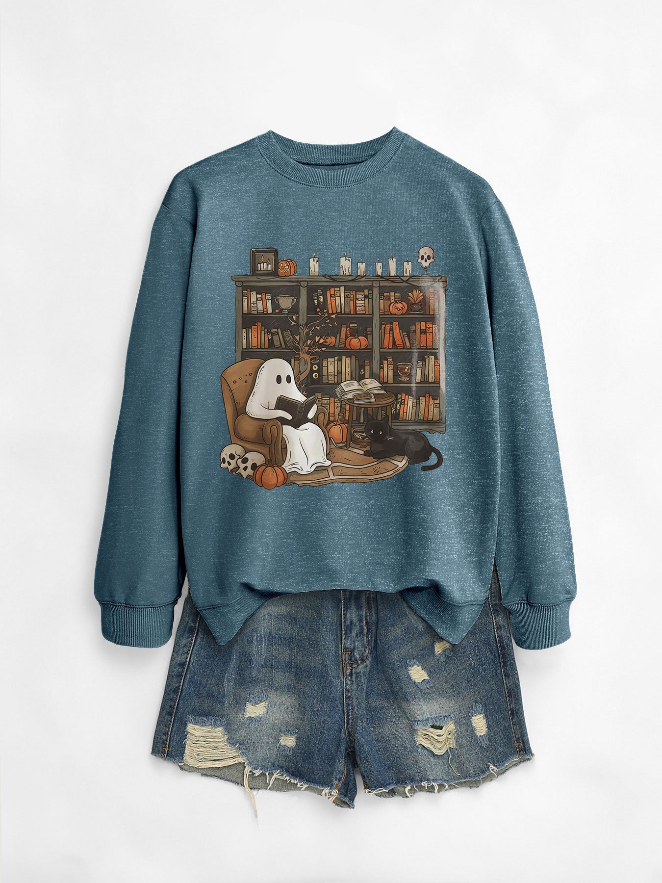 Cozy Black Cat Bookshelf Halloween Sweatshirt