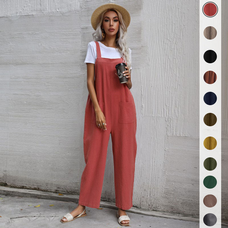 European And American Style Casual Simple Pocketed Sleeveless Suspender Jumpsuit