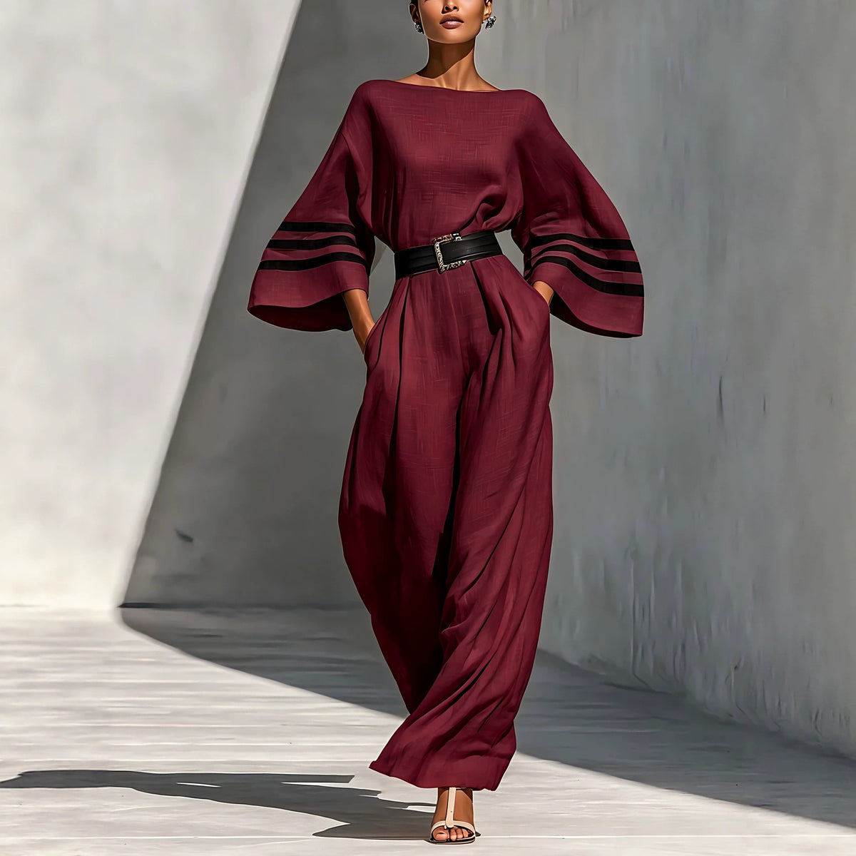 Womens Linen Blend Wide-Leg Jumpsuit