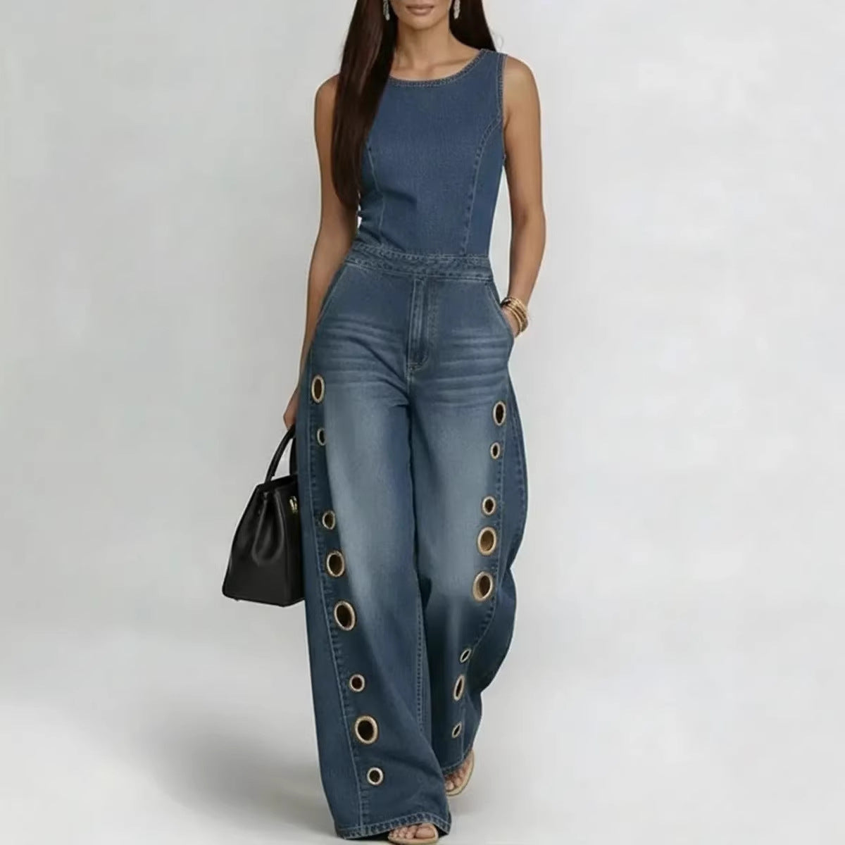 High-waisted Loose-fit Cutout Metal-detail Denim Jumpsuit