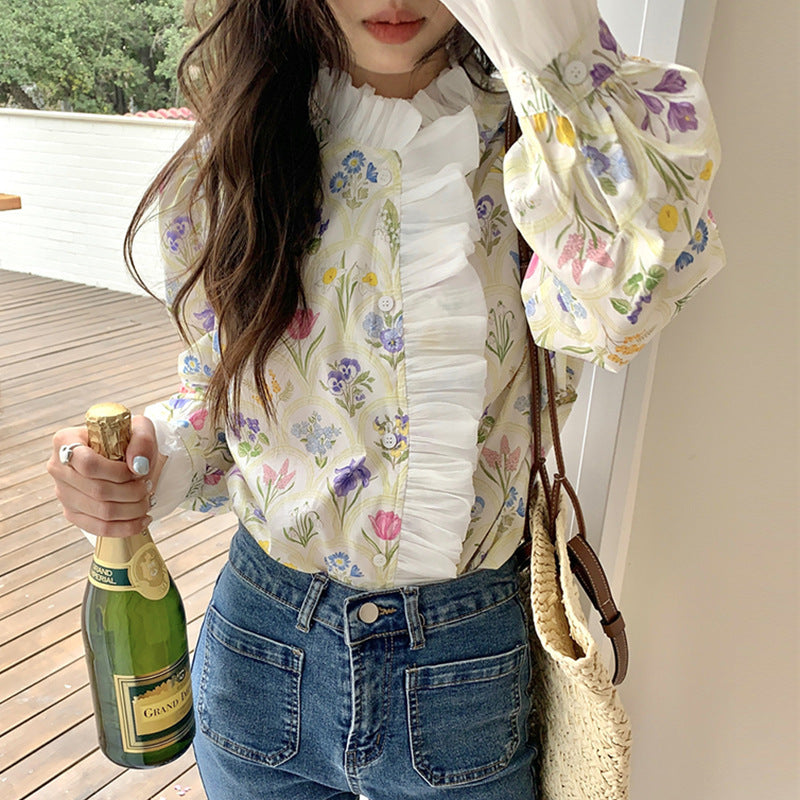 French Romantic Turtleneck Patchwork Ruffled Color Printing Design Flare Sleeve Shirt