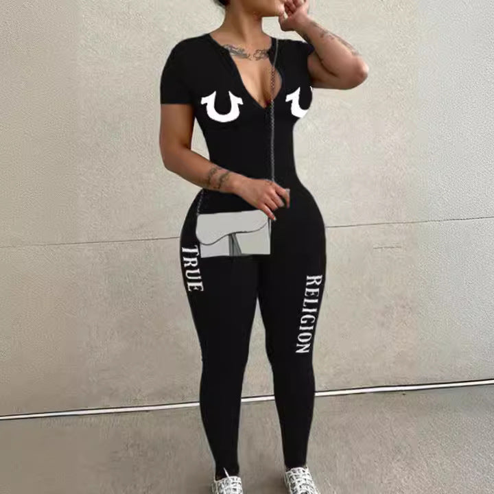 Women's Long-Sleeve Letter Print Skinny Romper