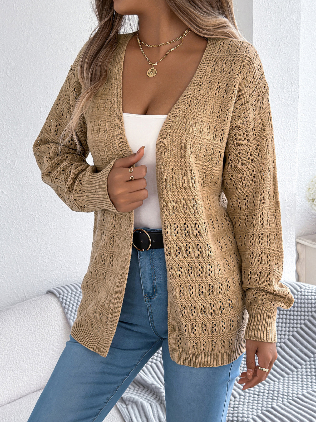 Women Solid Color Hollow Out Lantern Sleeve Long Sleeve Cardigan Sweater Coat