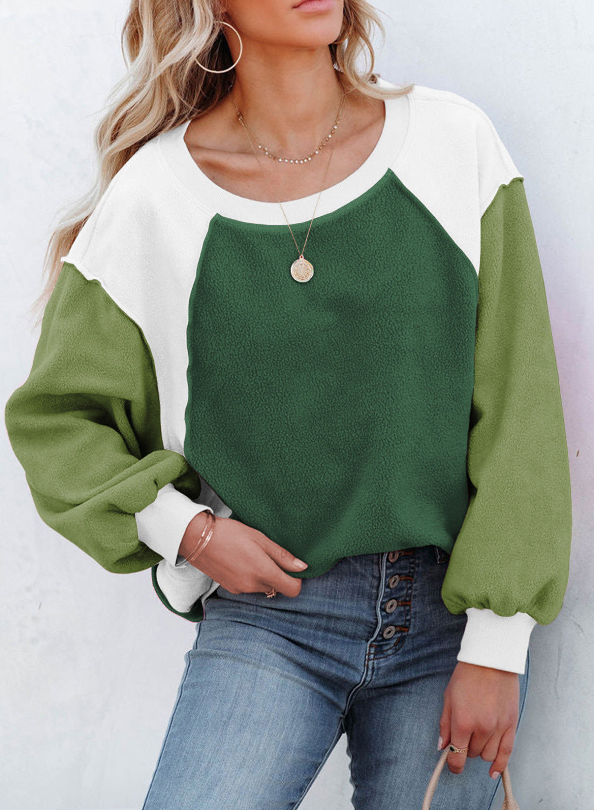 Cozy Colorblock Fleece Lantern Sleeve Pullover Top