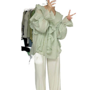 Women's Ruffled V-neck Puff Sleeve Shirt With Fashionable Design