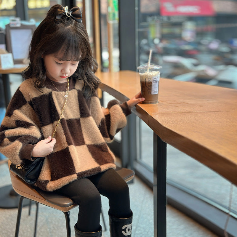 Kids Fleece-Lined Plaid Sweater Warm Winter Pullover