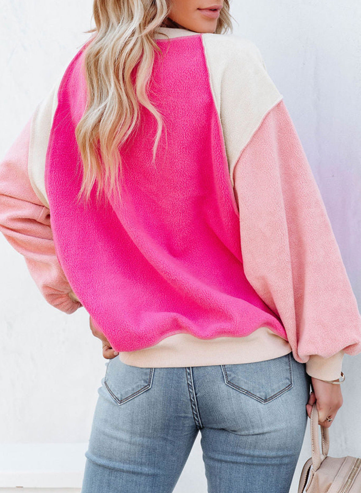 Cozy Colorblock Fleece Lantern Sleeve Pullover Top