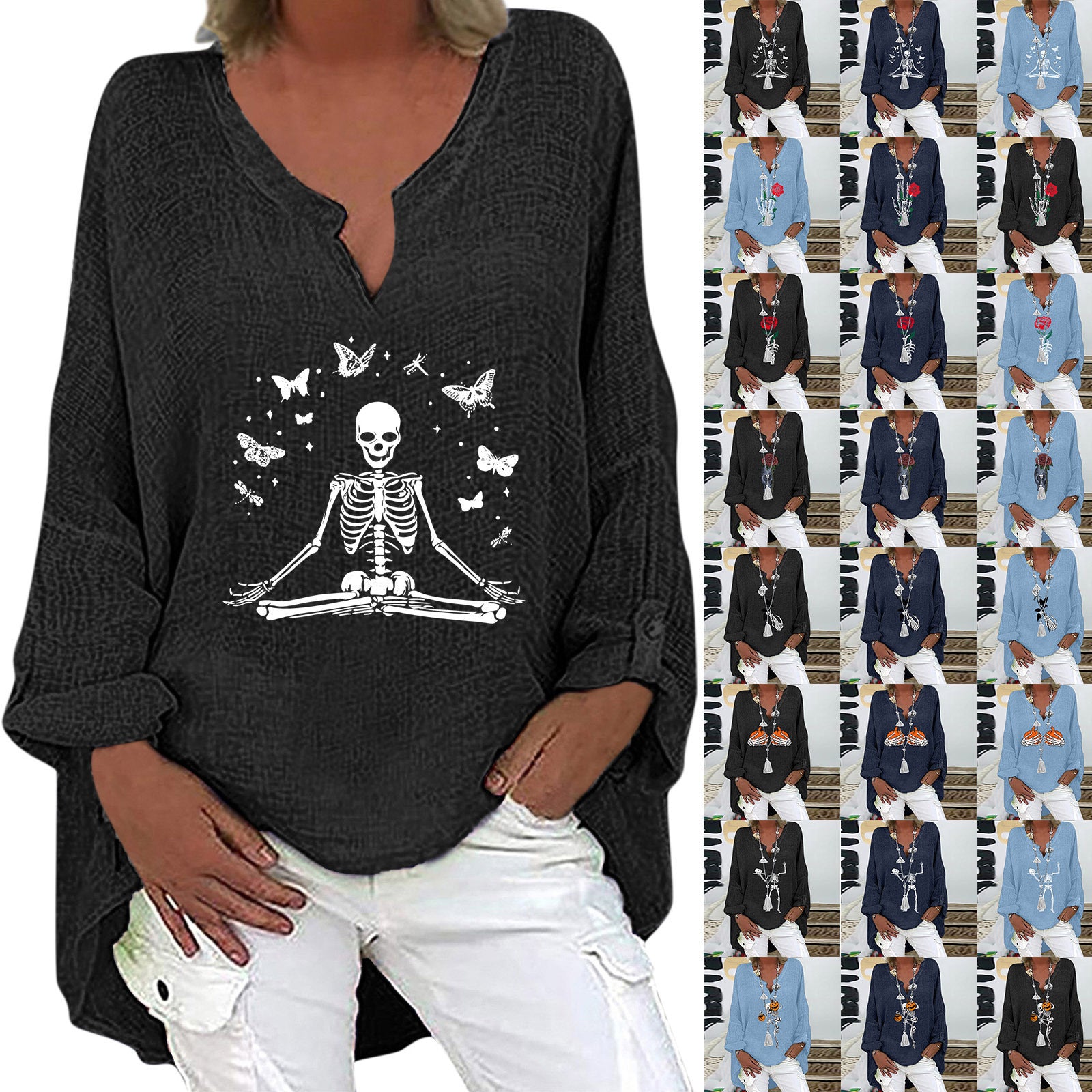 Halloween V-Neck Cotton Linen Long Sleeve Shirt