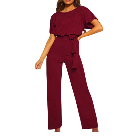 Women's Summer Button Lace-up Short-sleeved Jumpsuit