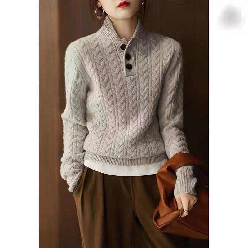 Minimalist Solid-color Cable-knit Sweater a Trendy Retro Turtleneck Base Top