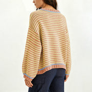 Casual Loose-fit Sweater with Color-block Striped Patchwork Womens Pullover Top