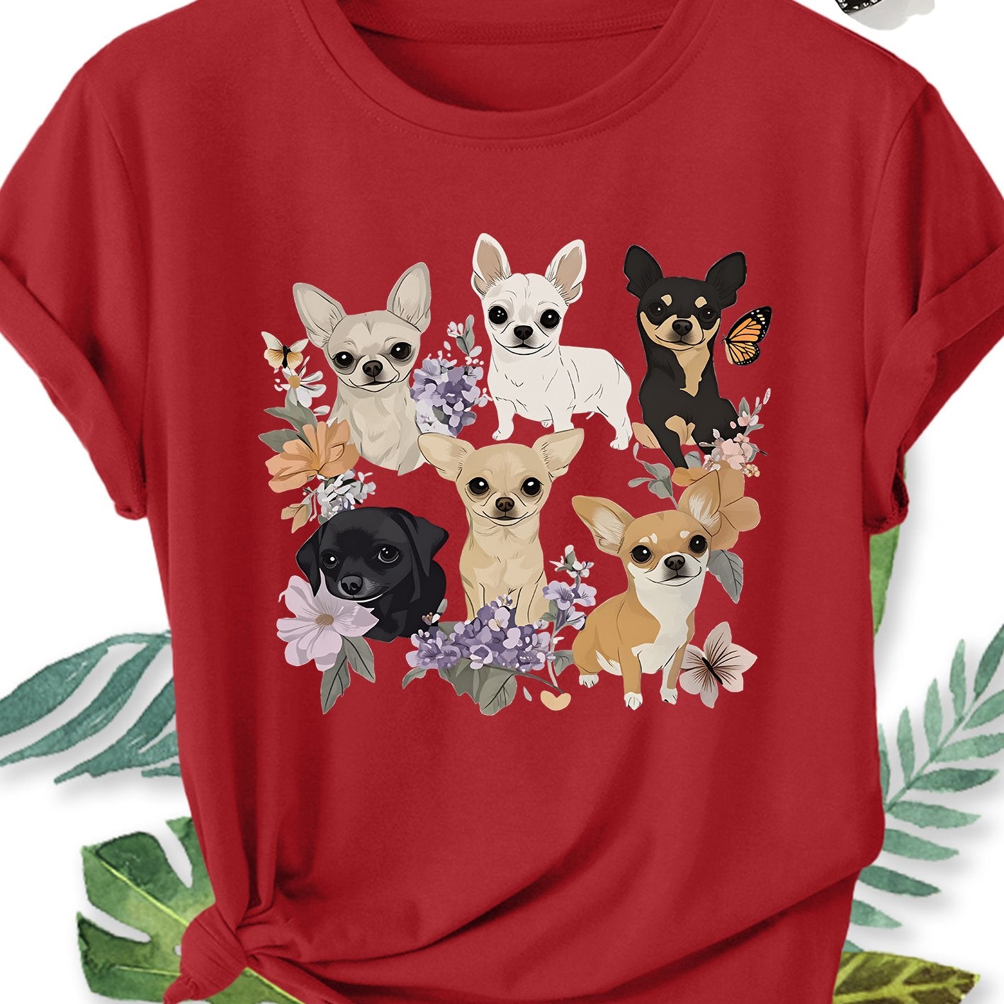 Ladies' Plus Size Short Sleeve T-Shirt with Chihuahua Dog Floral Print, Crew Neck
