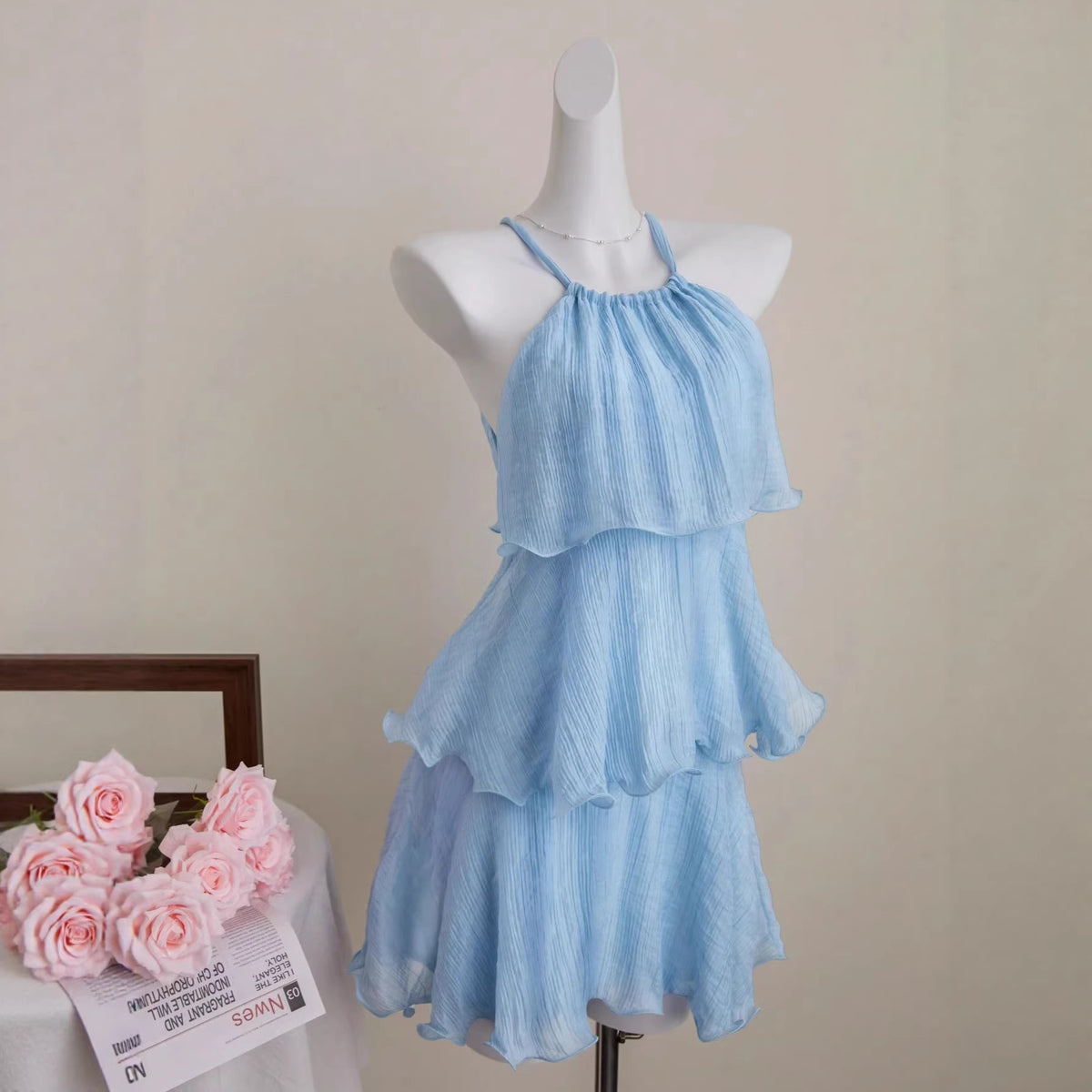 Solid-color Chiffon Tiered Skirt Off-shoulder Lace-up Dress with Ruffled Hem