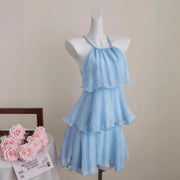 Solid-color Chiffon Tiered Skirt Off-shoulder Lace-up Dress with Ruffled Hem