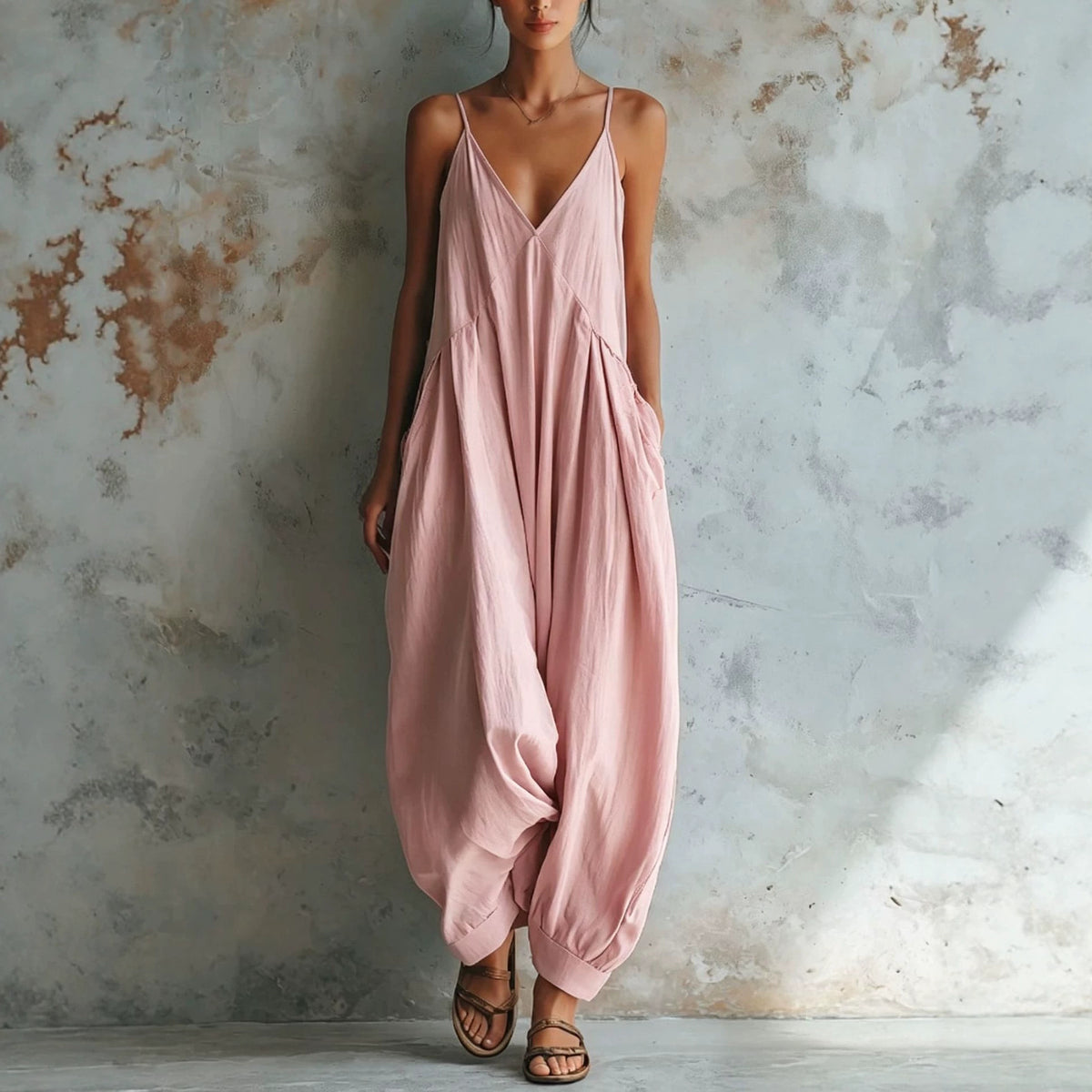 Casual Deep-V Suspender Jumpsuit for Vacation