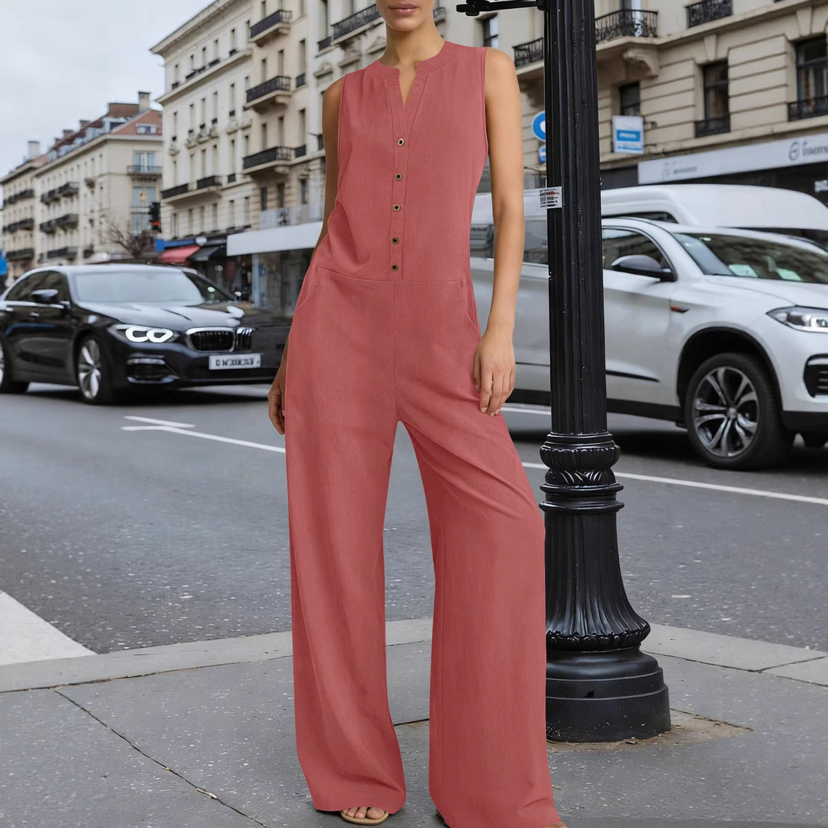 Chic V-Neck Wide-Leg Casual Jumpsuit