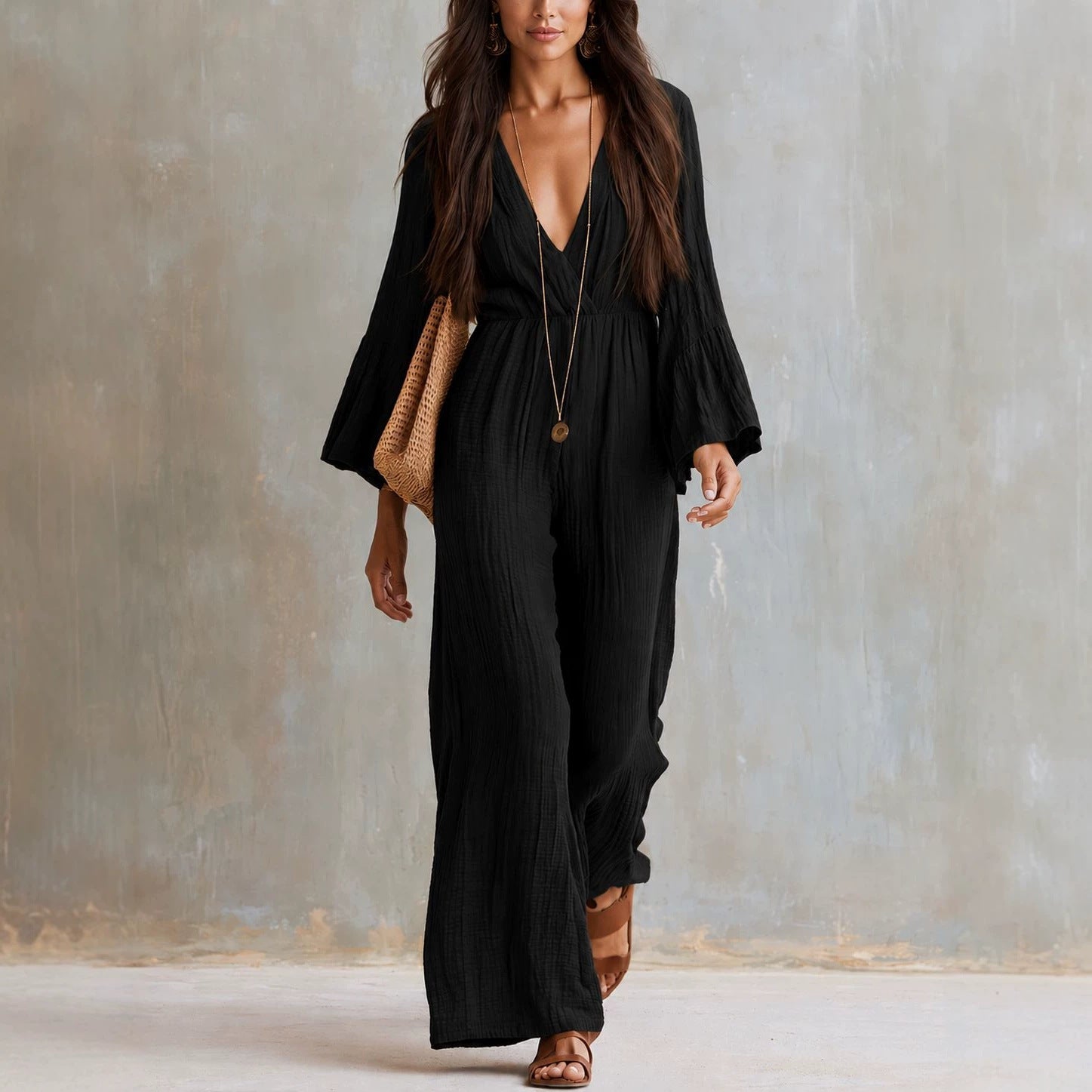 Womens Long-sleeve V-neck Bohemian-style Elastic-waist Jumpsuit