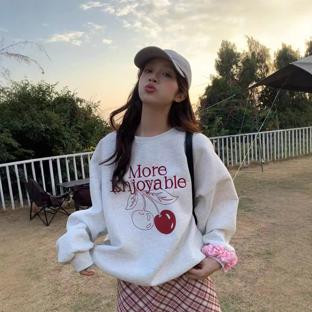 Cute Cherry Print Fleece-Lined Loose Sweatshirt