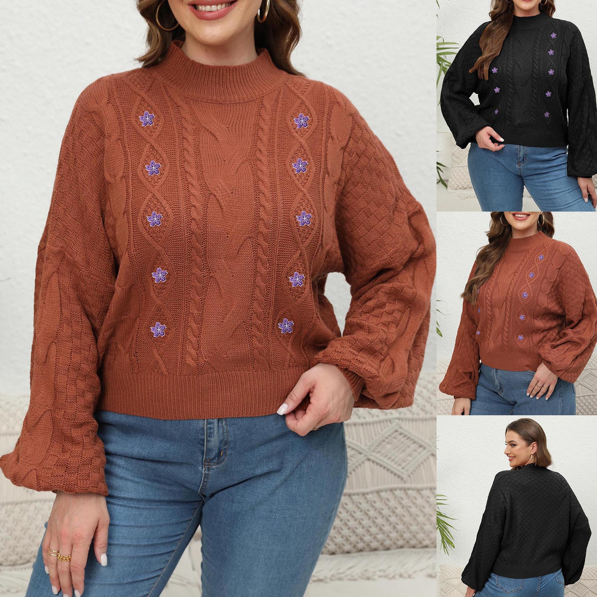 Women's Woven Sweater Plus Size Half-turtleneck Lantern Sleeve Flower Sweater