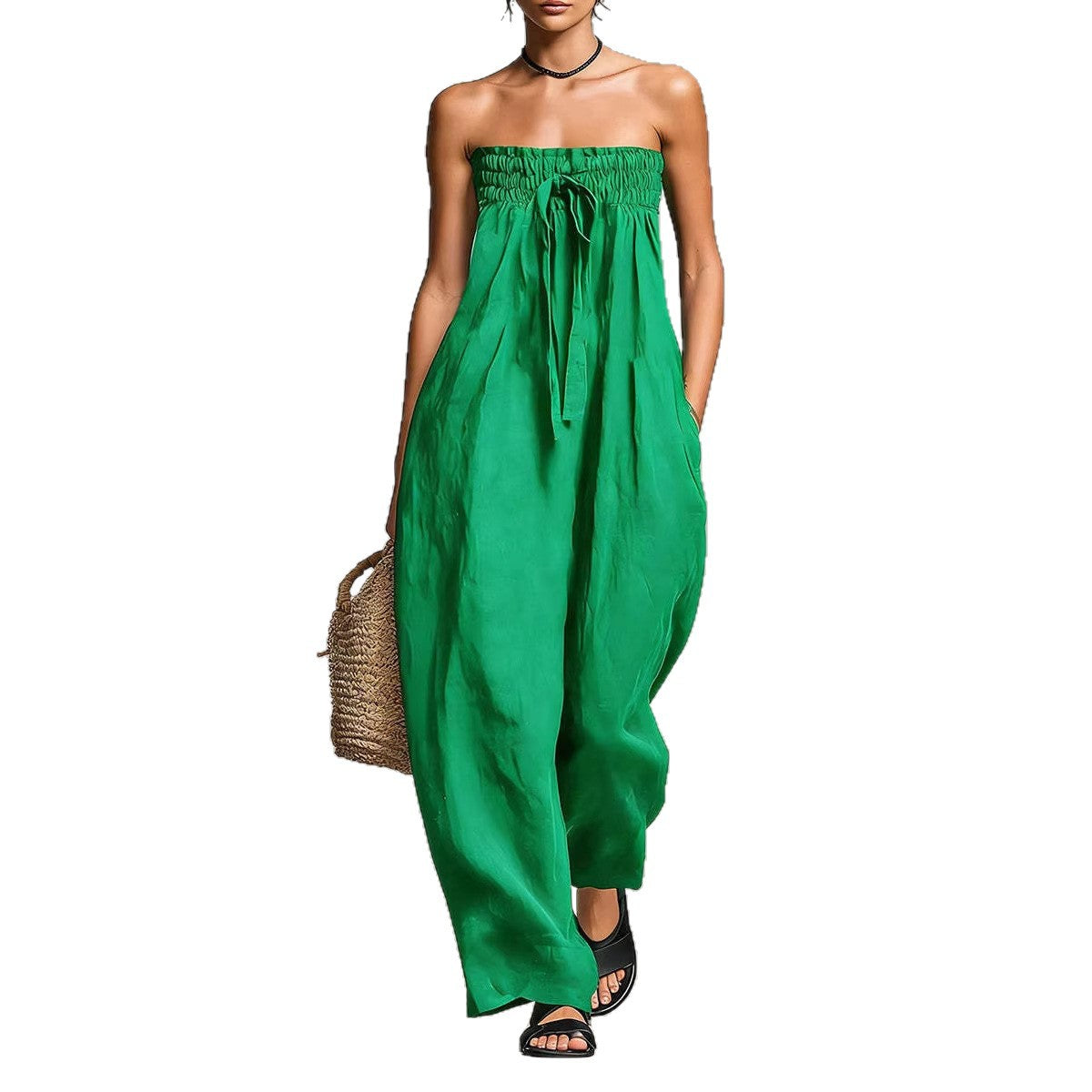 Women's Strapless Ruched Jumpsuit Summer Fashion Tie-up Loose Straight-leg Jumpsuit