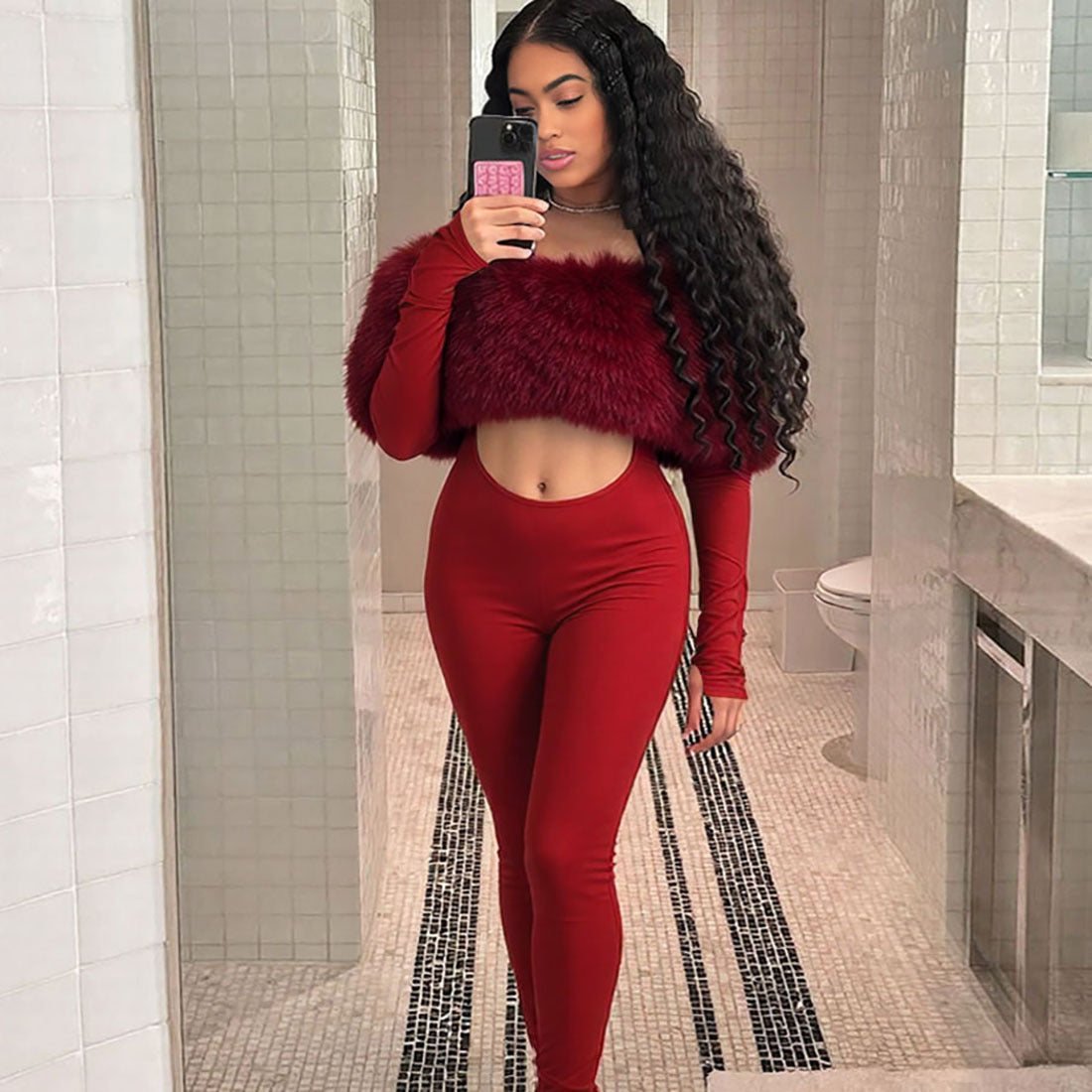 Sexy Off-Shoulder Furry Stitching Long Sleeve Jumpsuit