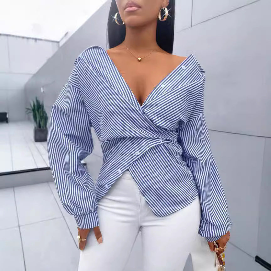 Fashionable Versatile Striped Long-sleeve Womens Blouse