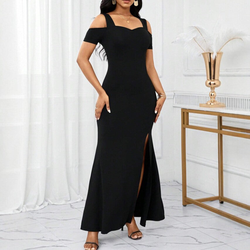Black Off-shoulder Slit-fit Dress