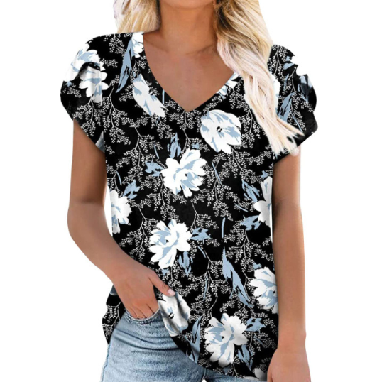 Soft Milk Silk V-Neck Tee with Abstract Print – Short Sleeve