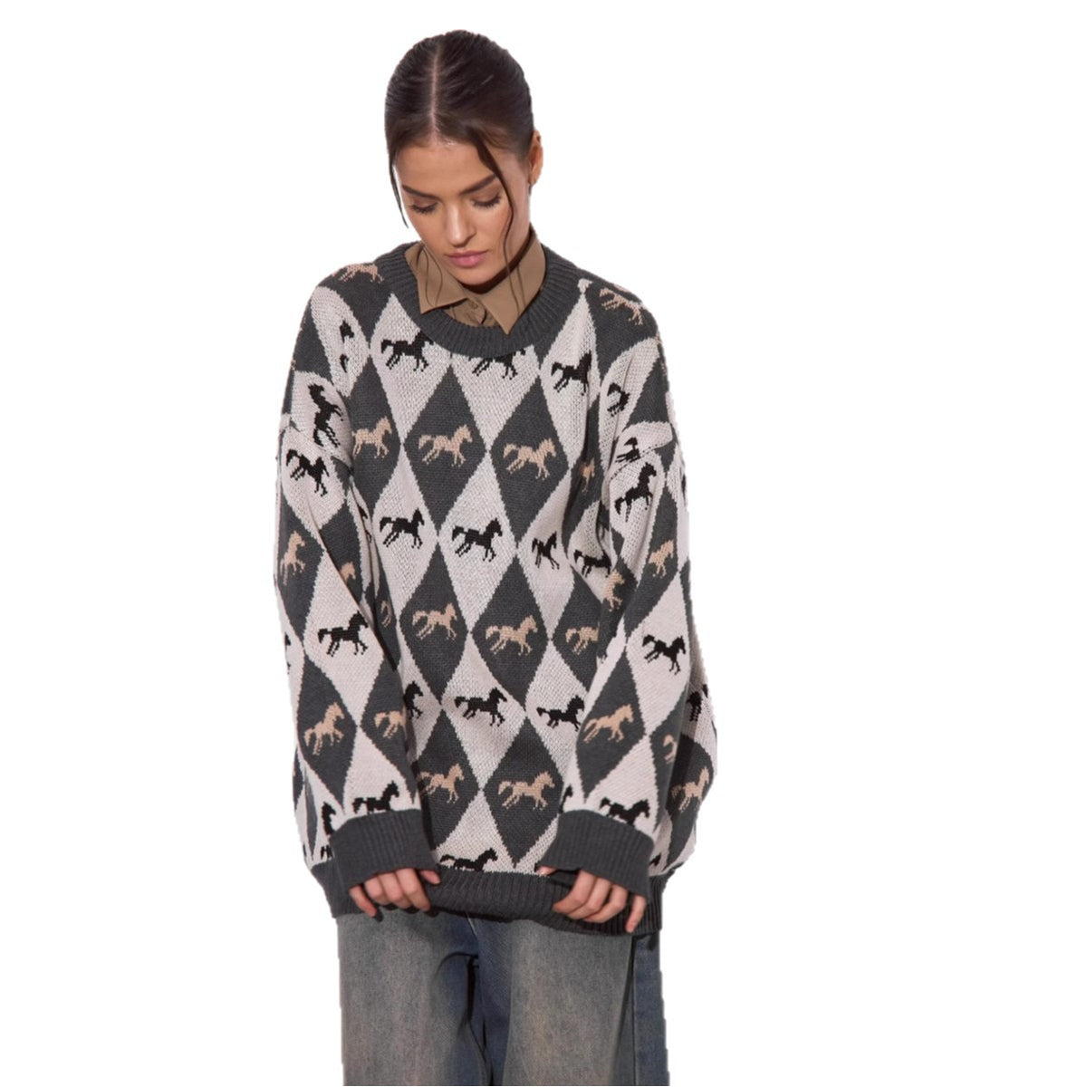 Womens Versatile Color-block Jacquard Knit Top with Long Sleeves