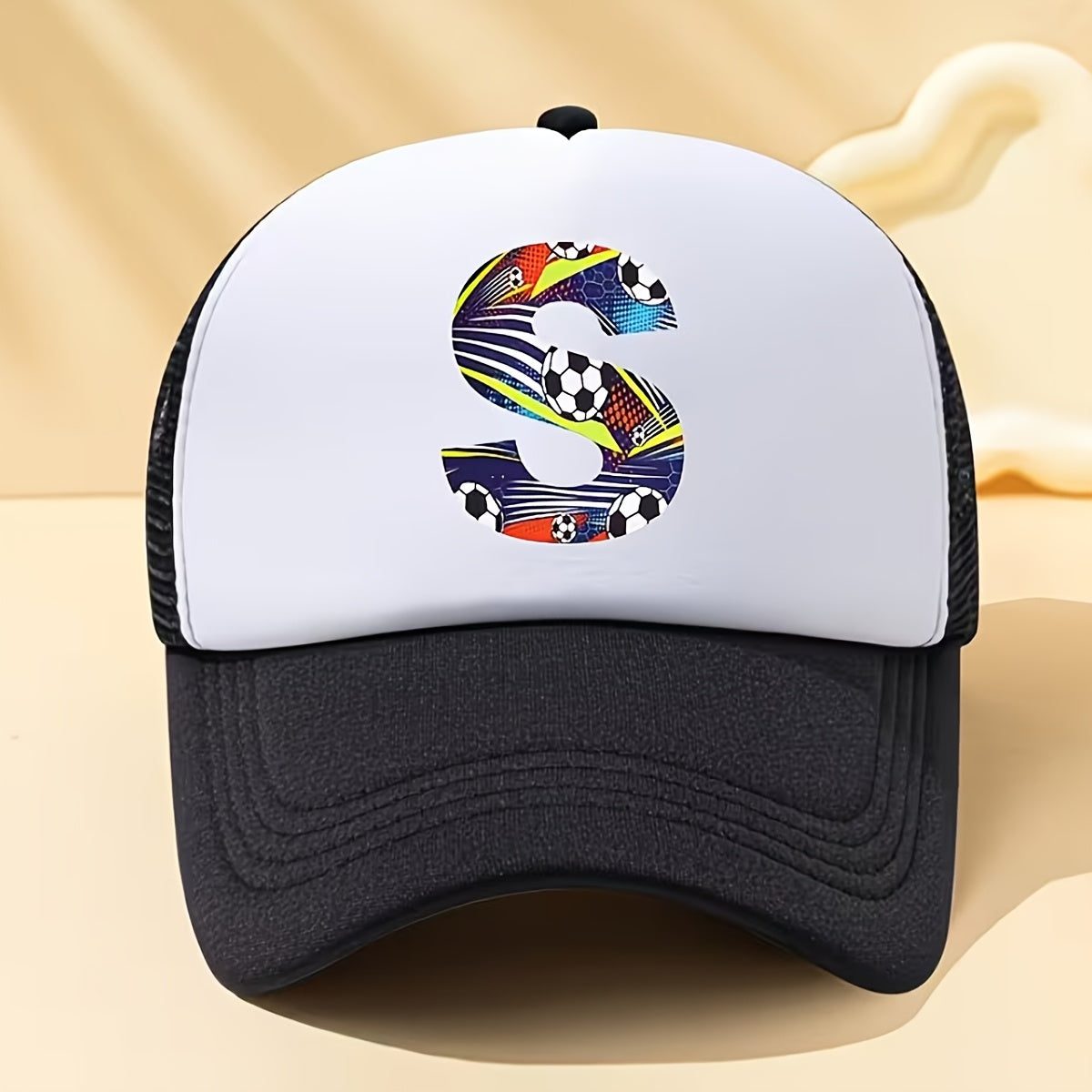 Kids Soccer-Themed Mesh Trucker Cap with A‑Z Letter Print