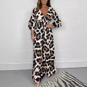 Chic Leopard Print Bell Sleeve Loose Jumpsuit