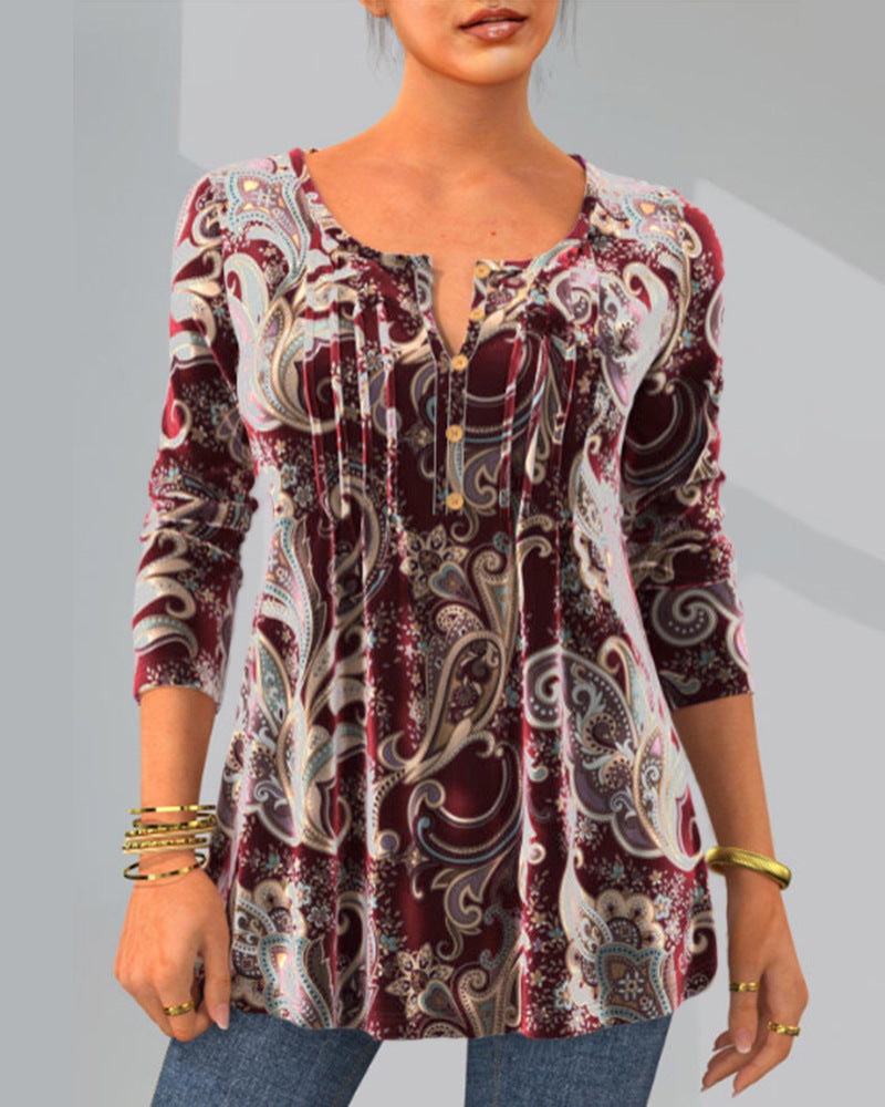 Chic Fashion Print Round Neck Long Sleeve Top