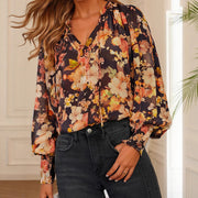 Women's Casual Versatile Printed V-neck Long-sleeved Shirt