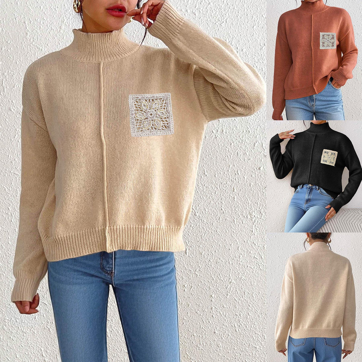 Women's Pure Color Half Collar Sequined Hollow-out Pocket Stitching Sweater