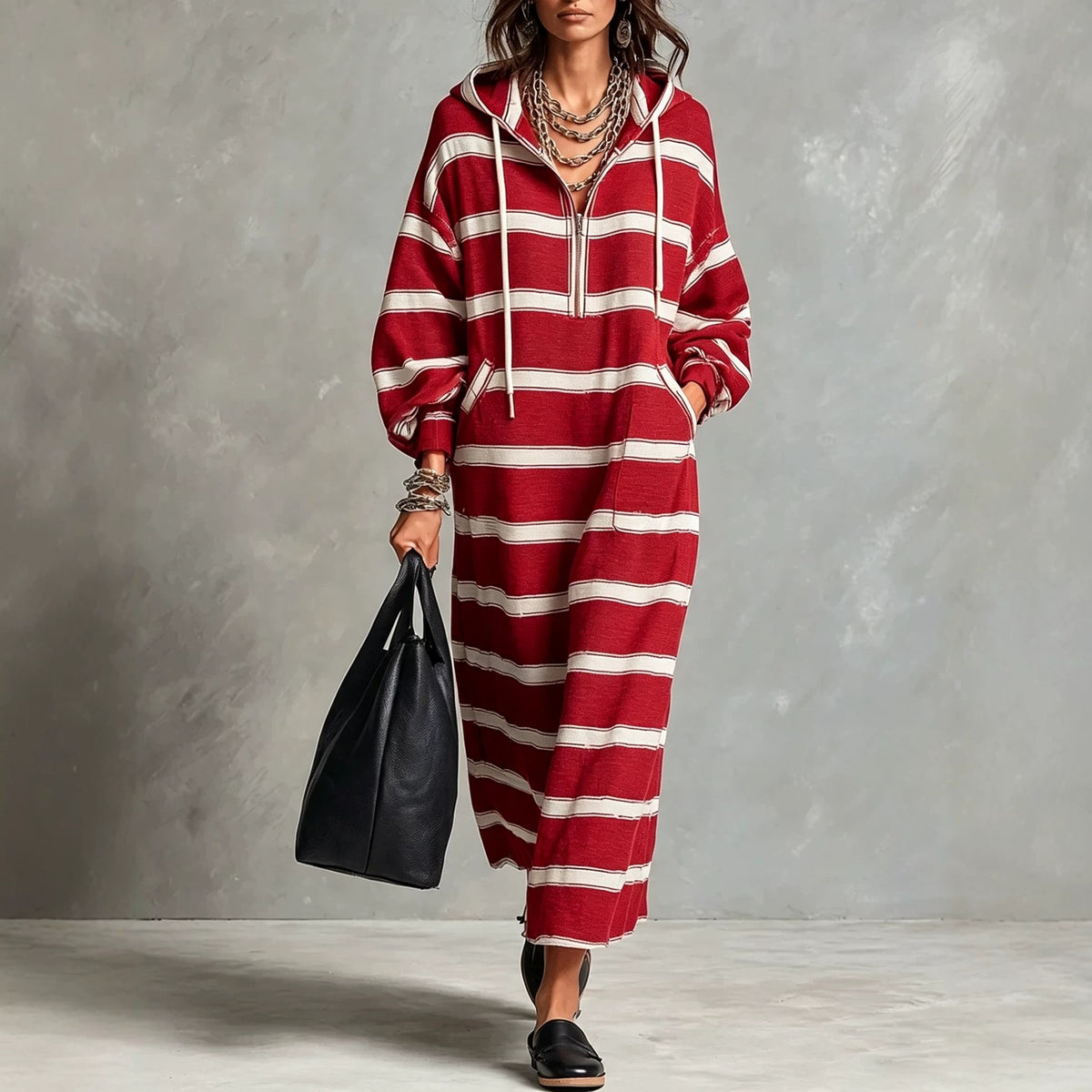 Women's Half-Zip Loose Printed Hoodie Dress