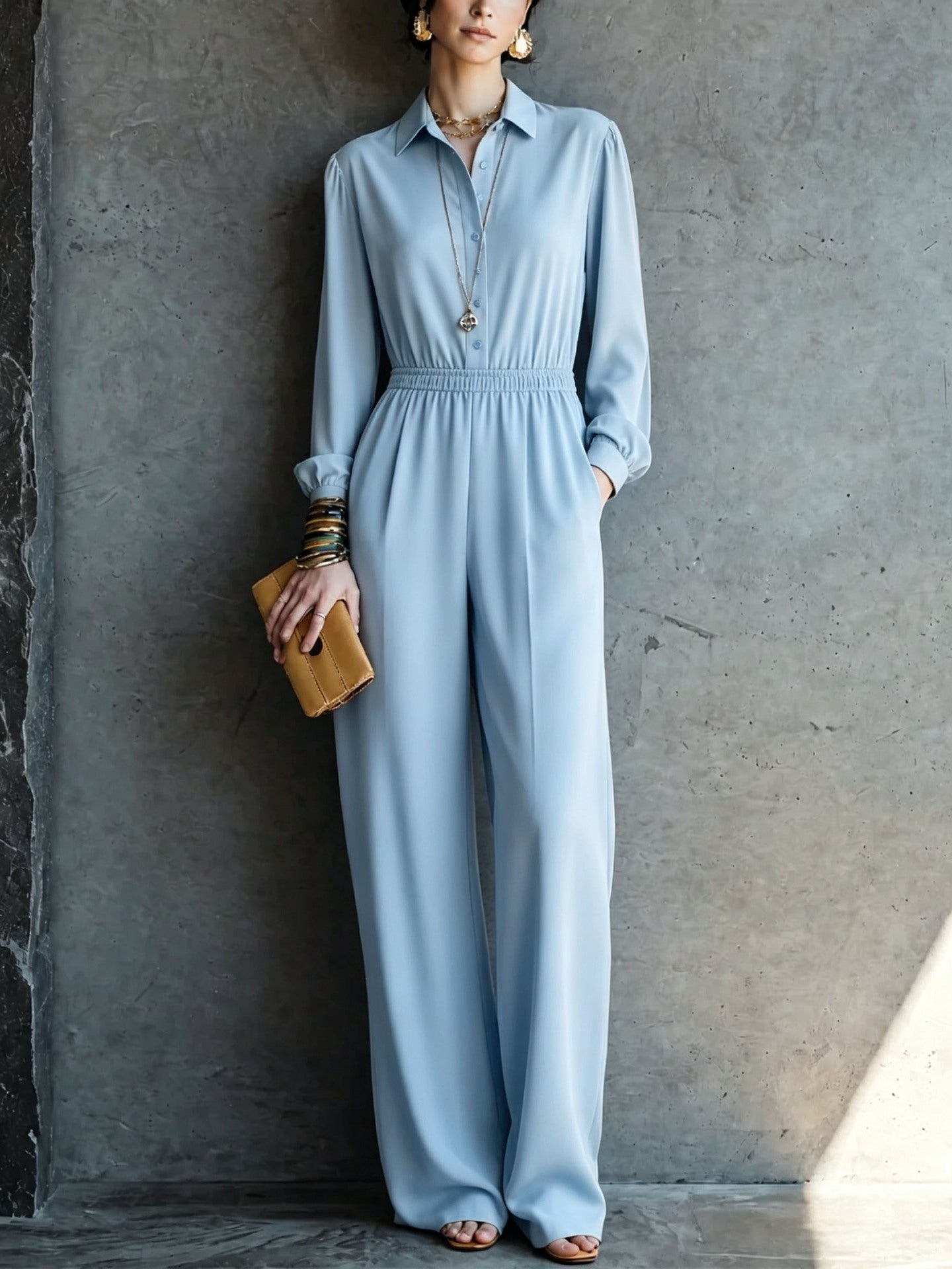 Casual Solid Color Pocket Long Sleeve Jumpsuit