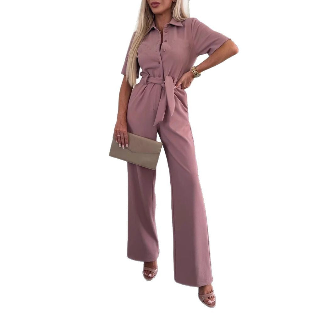 Womens Shirt-collar Short-sleeved Tie-detail Jumpsuit