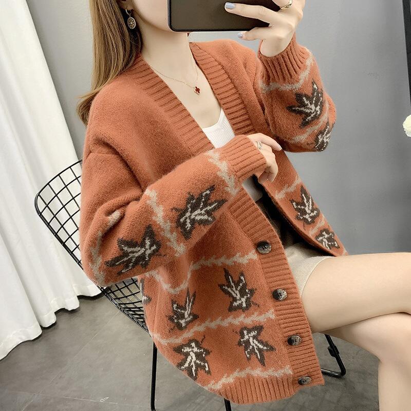 Cozy Maple Leaf Jacquard Oversized Cardigan Sweater