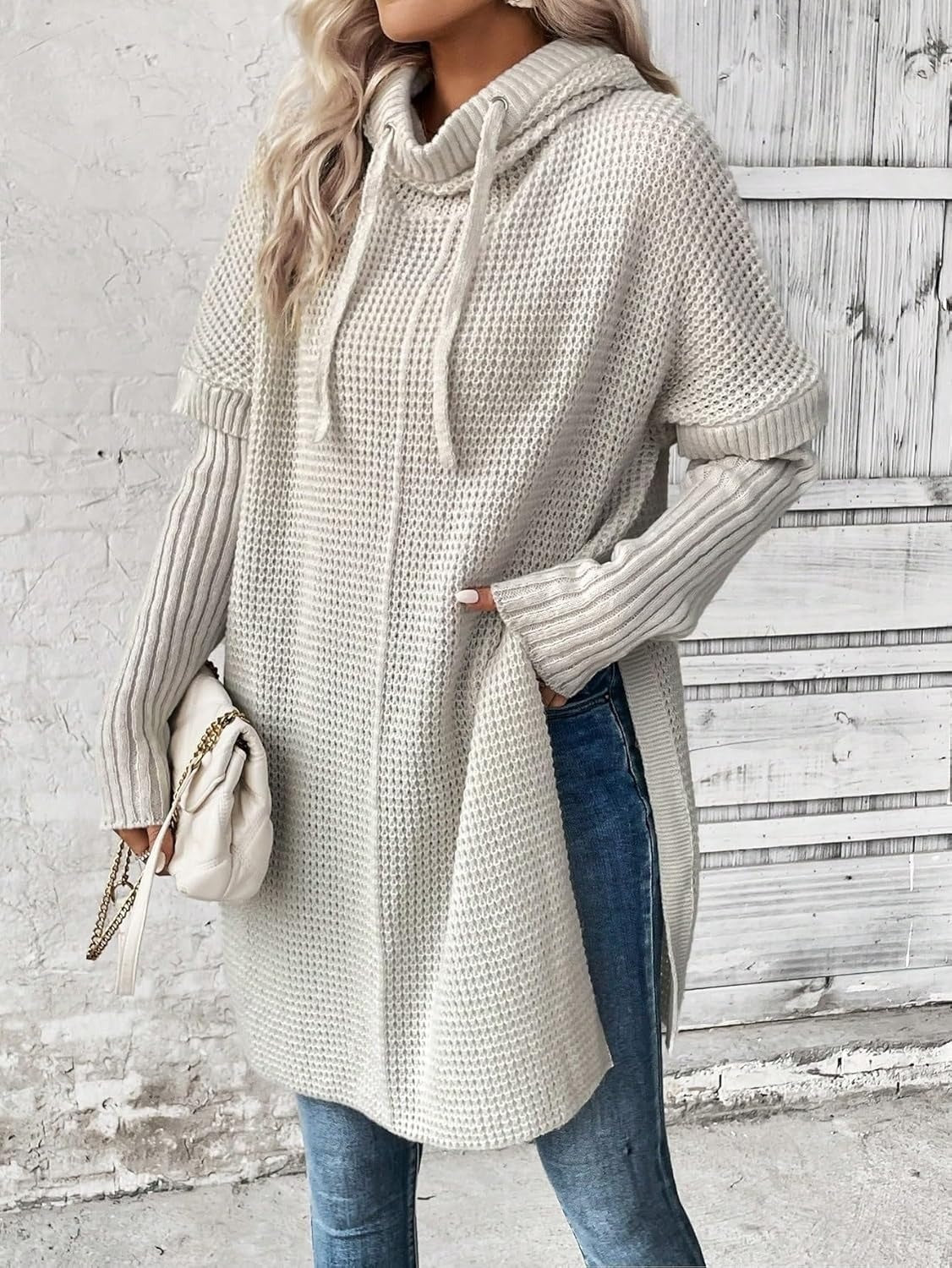 Sweater with Slits in the Sleeves and a Hooded Knitted Coat with a Slit Hem