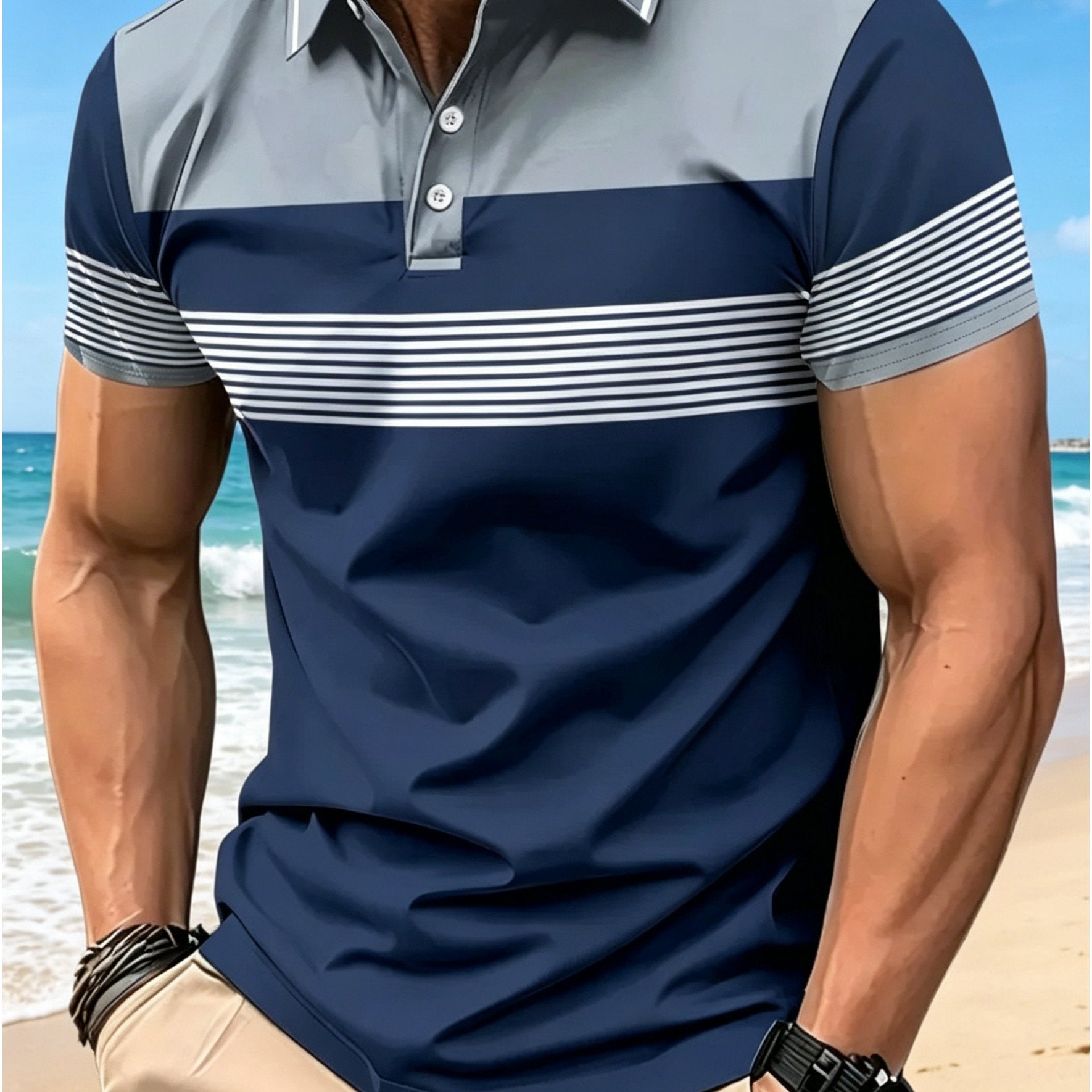 Men's Digital Print Short Sleeve Polo Shirt – Casual Urban Style, Soft Fabric