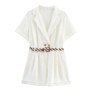 Chic Woven-Belt Short-Sleeve Jumpsuit