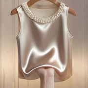 Elegant Beaded Crew Neck Tank Top – Trendy Diamond Detail