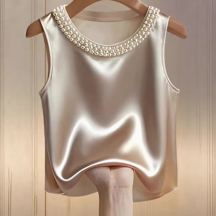Elegant Beaded Crew Neck Tank Top – Trendy Diamond Detail