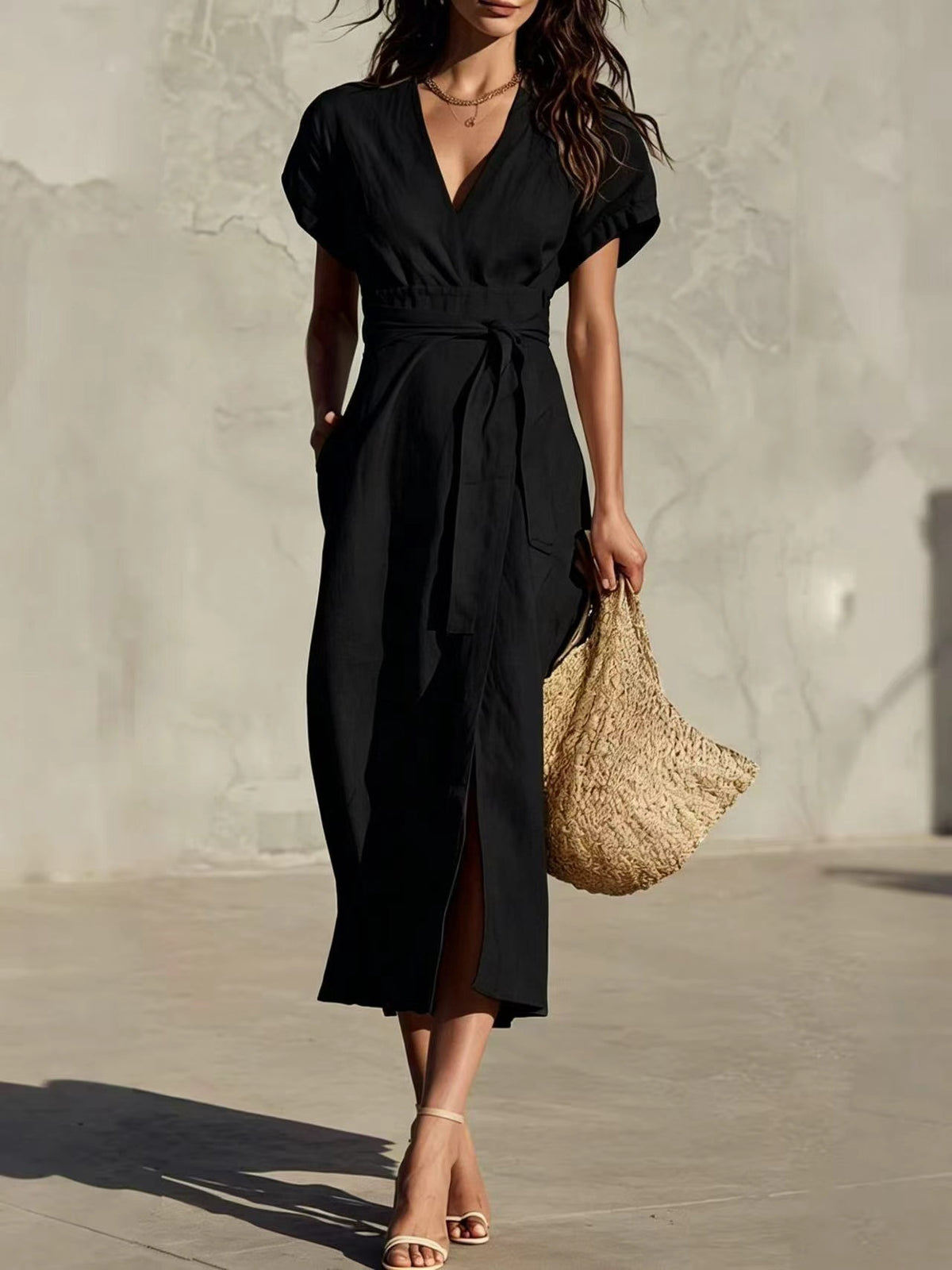 Casual Minimalist Solid-color V-neck Midi Dress with Pockets and Lacing