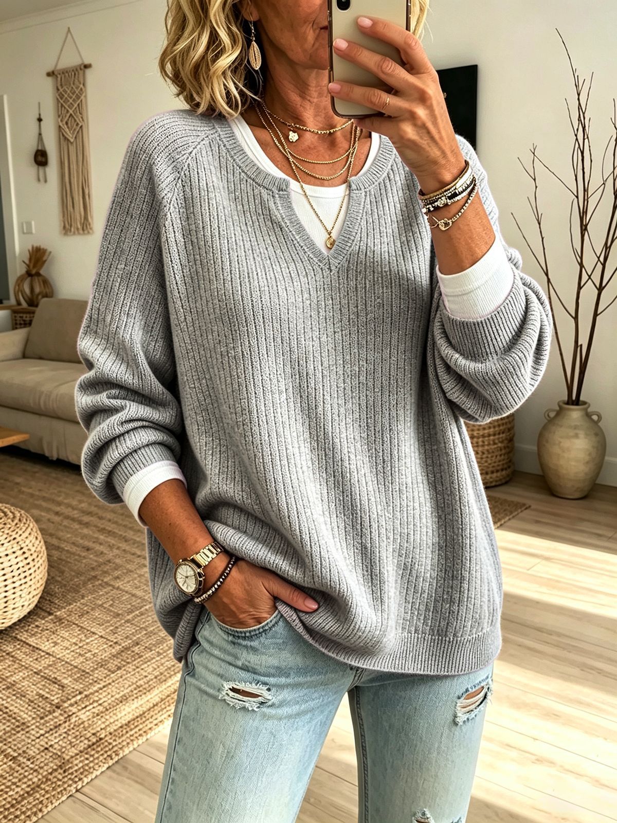 Everyday Casual Raglan-sleeve V-neck Warm Sweater