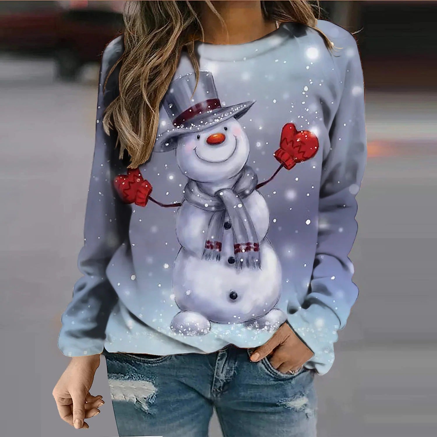 Festive Snowman Print Crew Neck Sweatshirt