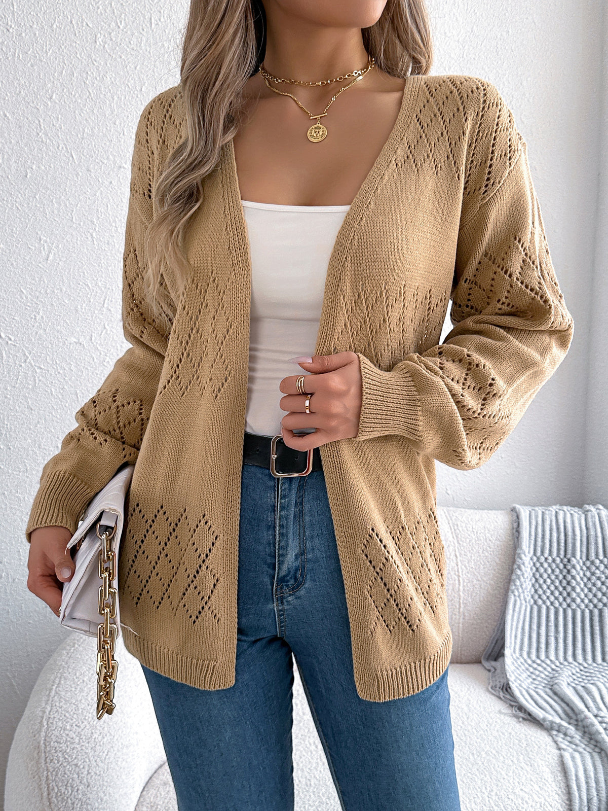 Women Casual Solid Color Hollow Out Lantern Sleeve Mid-length Cardigan Sweater